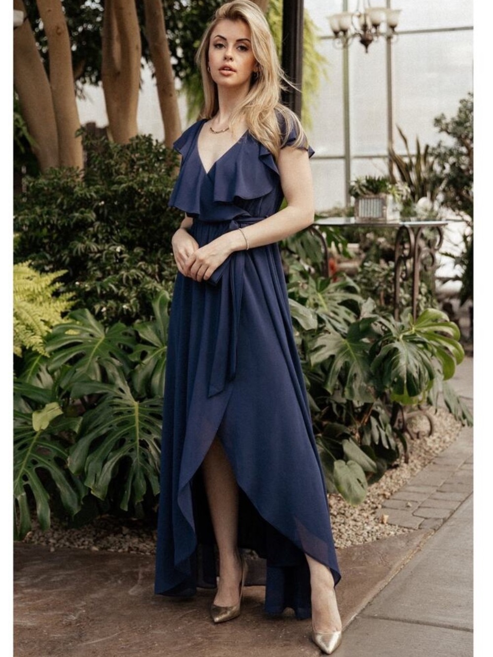 Baltic Born Katya Ruffle Maxi Dress XL Navy Blue Formal Flutter Sleeves Flowy